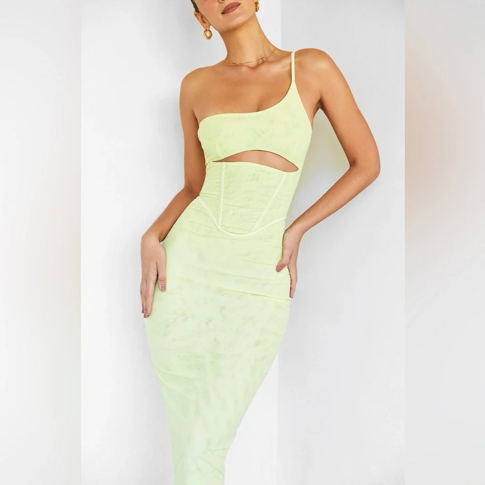 **SOLD** House of CB Mistress Rocks Lemon One Shoulder Corset Midi Dress - Picture 3 of 11